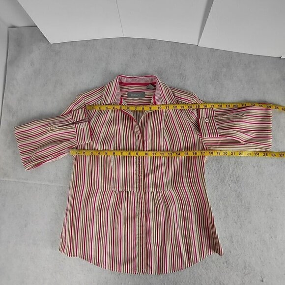 Liz Claiborne 100% Cotton White Tan Pink Striped Button Down Shirt Size Petite M - Picture 7 of 14